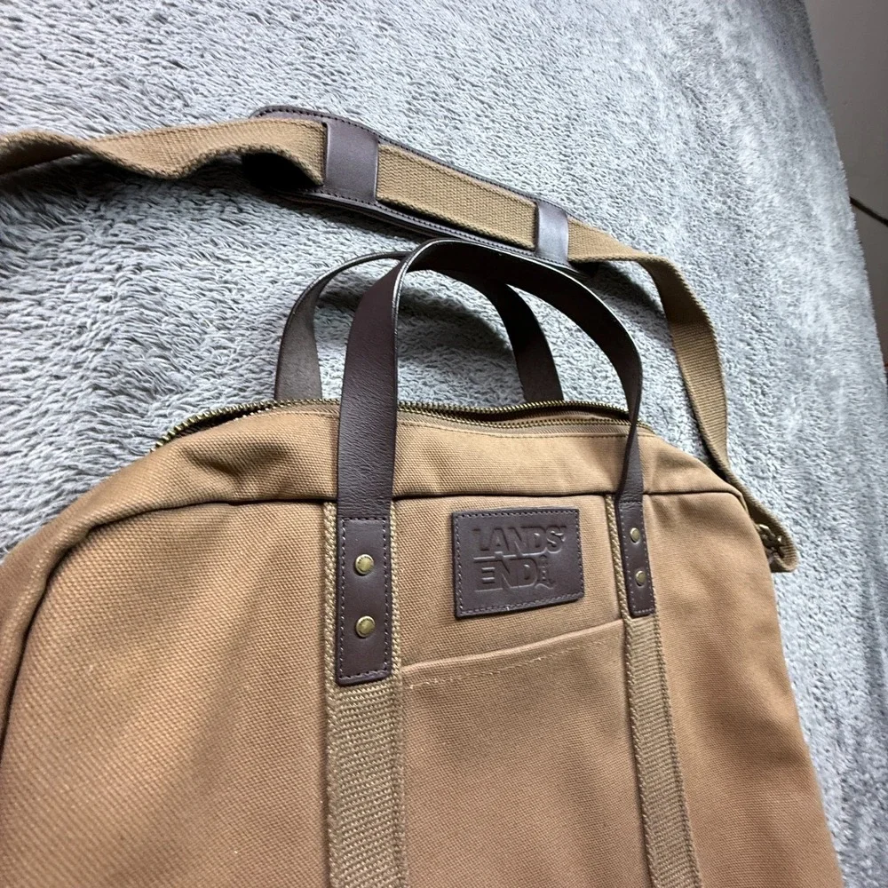 Lands' End Waxed Canvas Laptop Briefcase Bag Zip Close Crossbody Tan Leather